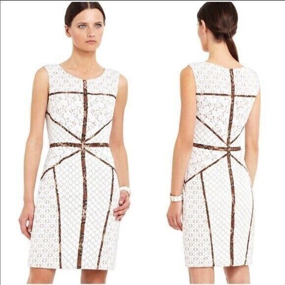 BCBGMaxAzria Dresses & Skirts - BCBG Max Azria Andreea Ivory Block Lace Illusion Cheetah Trim Sheath Dress Sz 6
